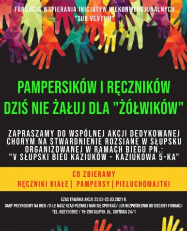 Plakat przedstawia wyciągnięte kolorowe dłonie oraz informację o akcji.